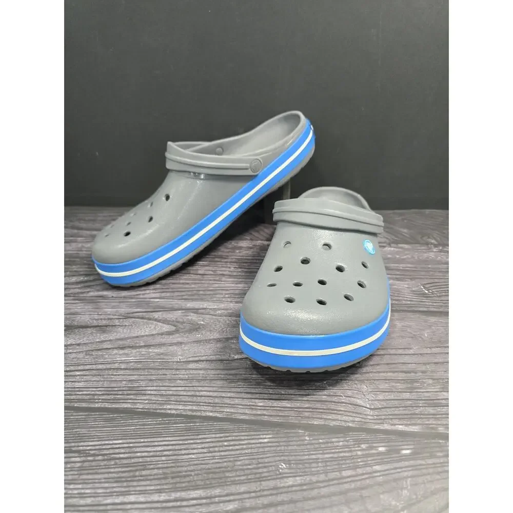 Crocs Crocband Clogs Charcoal Grey Ocean Blue Stripe Men's Size 12 EUC Comfort